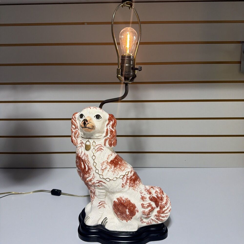 Antique Staffordshire Red White Spaniel Dog Table Lamp Hand Painted Pottery